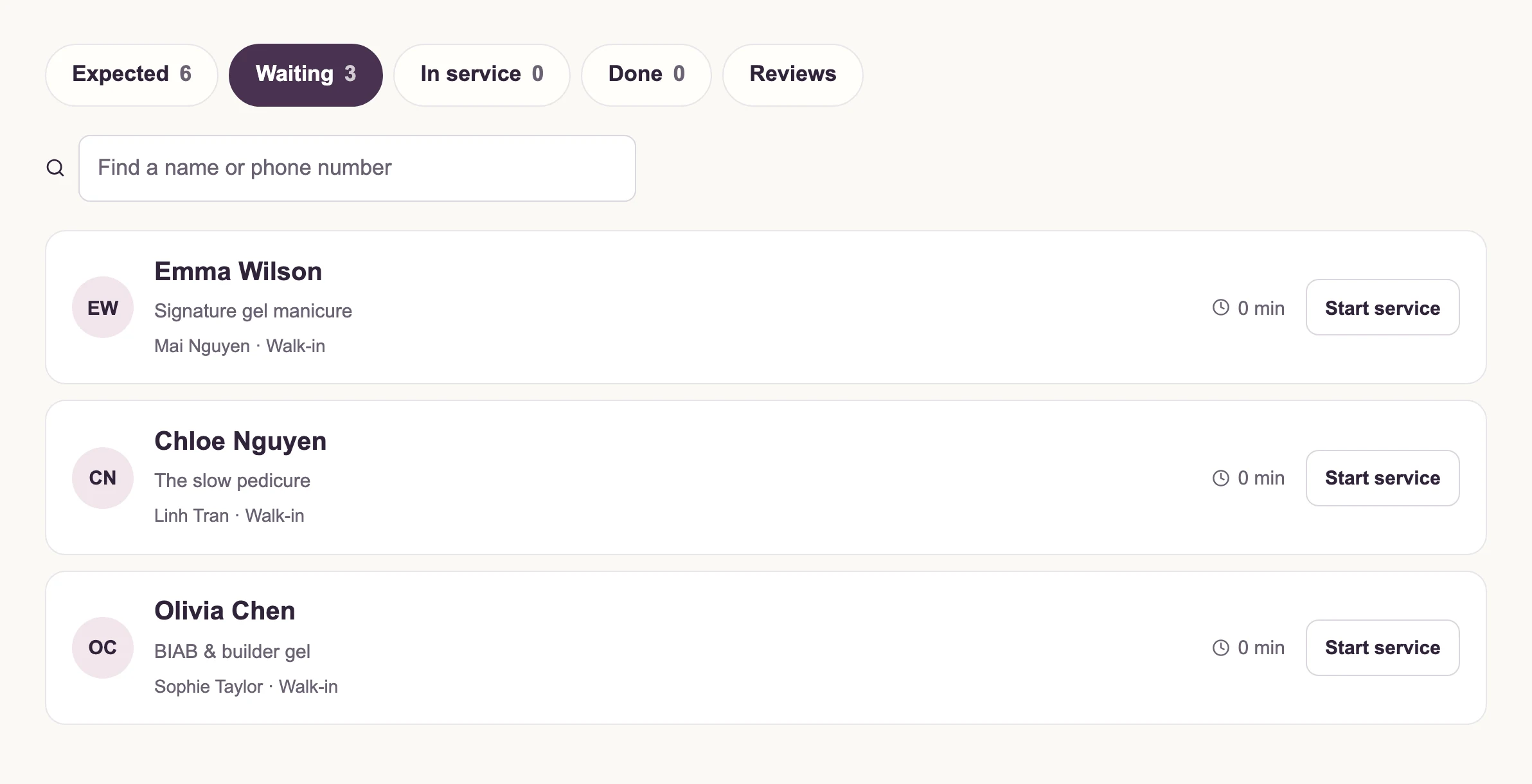 Gloss reception queue showing waiting clients and their services
